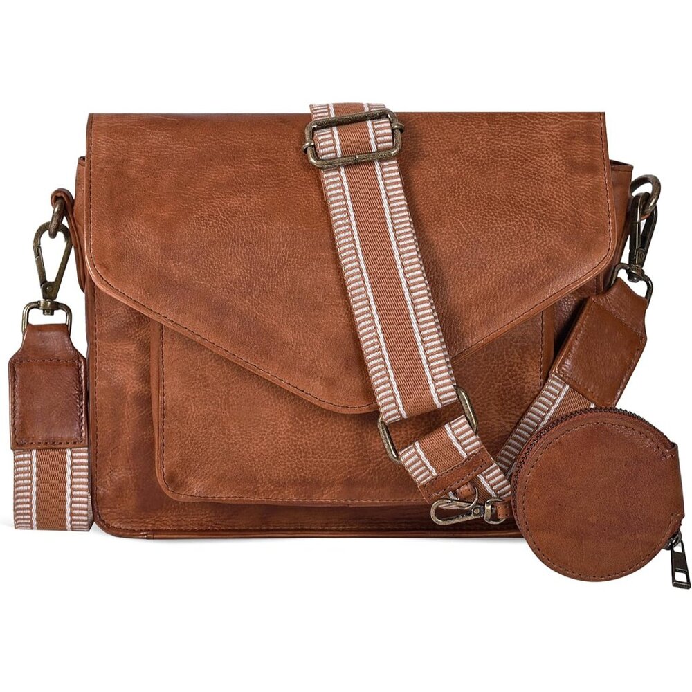 〽️Women Tan Coin Web Leather Flapover Crossbody Handbag Adjustable Strap